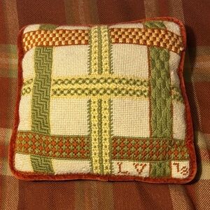 Vintage Needlepoint Pillow Green Orange Cream Plaid and Burnt Orange Velvet